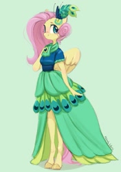 Size: 655x931 | Tagged: safe, artist:melodylibris, imported from derpibooru, fluttershy, anthro, pegasus, unguligrade anthro, aside glance, blushing, clothes, cute, dress, female, gala dress, green background, hair accessory, looking at you, mare, shyabetes, simple background, smiling, solo, standing, wings