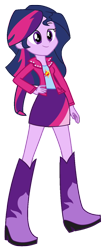 Size: 578x1381 | Tagged: safe, artist:iamsheila, imported from derpibooru, sunset shimmer, twilight sparkle, equestria girls, boots, clothes, high heel boots, jacket, palette swap, recolor, shirt, shoes, simple background, skirt, solo, transparent background