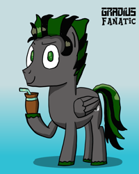Size: 725x905 | Tagged: safe, artist:gradiusfanatic, imported from derpibooru, oc, oc only, oc:monolith, pegasus, pony, drinking straw, gradient background, looking at you, male, mate, pegasus oc, signature, smiling, smiling at you, solo, stallion