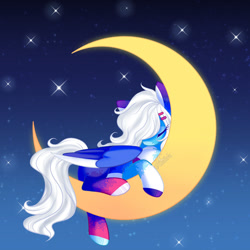 Size: 1280x1280 | Tagged: safe, artist:aledera, imported from derpibooru, oc, oc only, oc:seaside nebula, pegasus, pony, eyes closed, female, hairpin, mare, moon, solo, stars, tangible heavenly object