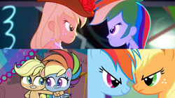 Size: 3416x1920 | Tagged: safe, edit, edited screencap, imported from derpibooru, screencap, applejack, rainbow dash, earth pony, pegasus, pony, eqg summertime shorts, equestria girls, fall weather friends, my little pony: pony life, raise this roof, season 1, spoiler:pony life s02e04, applejack's hat, bare shoulders, cotton candy-colored glasses, cowboy hat, duo, duo female, fall formal outfits, female, g4.5, hat, looking at each other, looking at someone, mare, sleeveless, smiling, strapless