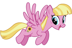 Size: 1621x1080 | Tagged: safe, imported from derpibooru, meadow flower, pegasus, pony, background pony, blonde hair, blonde mane, blue eyes, female, flower, flying, freckles, g4, happy, mare, pink coat, simple background, smiling, solo, sunflower, transparent background