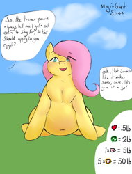 Size: 4724x6213 | Tagged: safe, artist:magicghostslime, imported from derpibooru, fluttershy, pegasus, pony, series:fluttershy wg drive, absurd resolution, belly, belly button, big belly, dialogue, duo, duo female, fat, fattershy, female, first person view, implied rainbow dash, incentive drive, looking at you, mare, note expansion, offscreen character, open mouth, open smile, outdoors, pov, sitting, smiling, solo focus, speech bubble, this will end in weight gain