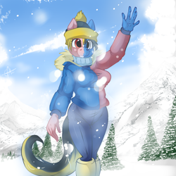 Size: 2000x2000 | Tagged: safe, artist:zcomic, imported from derpibooru, oc, oc only, oc:helsa, anthro, earth pony, beanie, boots, breasts, clothes, digital art, female, gloves, hat, looking at you, mountain, niclove, pants, scarf, shoes, snow, snowfall, solo, sweater, tail, thighs, tree, two-face, waving, wide hips, winter