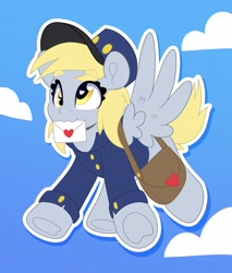 Size: 3406x4000 | Tagged: safe, artist:partylikeanartist, imported from derpibooru, derpy hooves, pegasus, pony, clothes, cloud, cross-eyed, cute, derpabetes, envelope, flying, hat, heart eyes, holiday, letter, mail, mailbag, mailmare, mailpony, mouth hold, outline, simple background, solo, sticker, uniform, valentine's day, white outline, wingding eyes