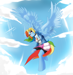 Size: 3300x3400 | Tagged: safe, artist:zcomic, imported from derpibooru, rainbow dash, anthro, pegasus, unguligrade anthro, bedroom eyes, breasts, busty rainbow dash, clothes, cloud, digital art, equestria girls outfit, female, flying, looking at you, shirt, shorts, sky, solo, spread wings, tail, thighs, wings