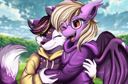 Size: 4015x2640 | Tagged: safe, artist:pridark, imported from derpibooru, oc, oc:pinkfull night, anthro, bat pony, fox, bat pony oc, bust, clothes, cloud, commission, duo, furry, glasses, high res, hoodie, one eye closed, open mouth, portrait, sky