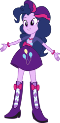 Size: 827x1698 | Tagged: safe, artist:iamsheila, imported from derpibooru, pinkie pie, twilight sparkle, equestria girls, boots, clothes, high heel boots, palette swap, recolor, shirt, shoes, simple background, skirt, solo, transparent background
