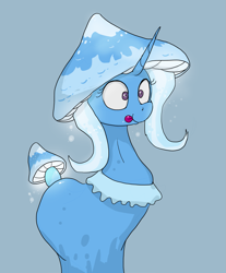 Size: 1341x1620 | Tagged: safe, artist:paskanaakka, derpibooru exclusive, imported from derpibooru, trixie, mushroom pony, original species, april fools, april fools 2022, blue background, female, mare, mushroom, shroomsie, simple background, smiling, solo, tongue out