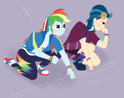 Size: 1896x1494 | Tagged: safe, artist:necrofeline, imported from derpibooru, indigo zap, rainbow dash, pegasus, series:the big run, equestria girls, friendship games, burp, duo, duo female, female, gray background, hiccup, purple background, ready to race, simple background, start line, starting line, weight gain sequence