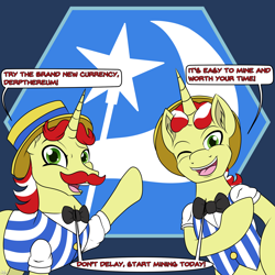 Size: 2000x2000 | Tagged: safe, artist:novaspark, derpibooru exclusive, imported from derpibooru, flam, flim, pony, unicorn, april fools, april fools 2022, brothers, clothes, crypto, derpthereum, duo, duo male, flim flam brothers, hexagon, joke, male, siblings, stallion, that was fast