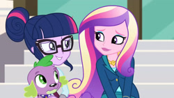 Size: 3410x1920 | Tagged: safe, imported from derpibooru, screencap, princess cadance, sci-twi, spike, spike the regular dog, twilight sparkle, dog, equestria girls, friendship games, canterlot high, dean cadance, female, glasses, hair bun, high res, male, smiling, stairs, trio