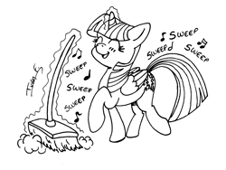 Size: 2000x1500 | Tagged: safe, artist:memprices, imported from derpibooru, twilight sparkle, alicorn, pony, black and white, broom, brush, doodle, dust, grayscale, happy, magic, monochrome, music notes, open mouth, open smile, raised hoof, simple background, singing, sketch, smiling, sweeping, sweepsweepsweep, text, twilight sparkle (alicorn)