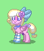 Size: 64x74 | Tagged: safe, artist:dematrix, imported from derpibooru, oc, oc:bay breeze, pegasus, pony, pony town, bell, bow, cat bell, clothes, cute, ear piercing, female, green background, hair bow, mare, piercing, pixel art, saddle, simple background, smiling, socks, solo, striped socks, tack, tail, tail bow