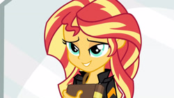 Size: 3410x1920 | Tagged: safe, imported from derpibooru, screencap, sunset shimmer, equestria girls, friendship games, clothes, female, high res, jacket, leather, leather jacket, smiling, solo, statue