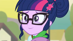 Size: 3410x1920 | Tagged: safe, imported from derpibooru, screencap, sci-twi, spike, spike the regular dog, twilight sparkle, dog, equestria girls, friendship games, female, glasses, high res, male, offscreen character, smiling, solo focus