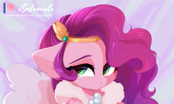 Size: 3999x2401 | Tagged: safe, artist:xsatanielx, imported from derpibooru, pipp petals, pegasus, pony, adorapipp, advertisement, aside glance, bust, circlet, cute, female, g5, high res, jewelry, looking at you, mare, necklace, patreon, patreon logo, portrait, solo, wings