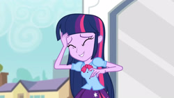 Size: 3410x1920 | Tagged: safe, imported from derpibooru, screencap, twilight sparkle, equestria girls, friendship games, clothes, cutie mark on clothes, eyes closed, female, high res, smiling, solo, statue