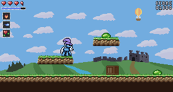 Size: 1200x640 | Tagged: safe, artist:nitobit, imported from derpibooru, trixie, pony, unicorn, april fools, castle, clothes, cloud, crate, female, game, hat, heart, hot air balloon, mare, pixel art, slime, solo, tree, trixie's hat