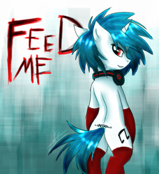 Size: 981x1078 | Tagged: safe, artist:foxinshadow, artist:zeffdakilla, imported from derpibooru, dj pon-3, vinyl scratch, unicorn, abstract background, bipedal, clothes, gloves, headphones, looking at you, nine inch nails, red socks, redraw, socks, solo, standing, stockings, tattoo, thigh highs