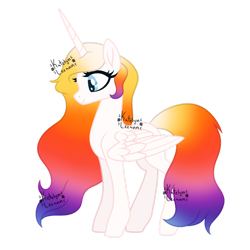 Size: 1280x1280 | Tagged: safe, artist:katelynleeann42, imported from derpibooru, oc, oc only, oc:sunny colors, alicorn, pony, alicorn oc, female, full body, gradient mane, hooves, horn, long horn, mare, palindrome get, show accurate, signature, simple background, smiling, solo, standing, transparent background, watermark, wings