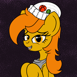 Size: 2000x2000 | Tagged: safe, artist:dafiltafish, imported from derpibooru, oc, oc:riot charge, earth pony, pony, abstract background, bandana, beanie, bust, clothes, female, hat, mare, pins, solo