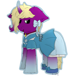 Size: 2000x2000 | Tagged: safe, artist:spiroudada, imported from derpibooru, oc, oc only, oc:velvet sky, pony, unicorn, blue dress, bow, choker, clothes, crossdressing, cute, dress, male, shoes, simple background, solo, stallion, transparent background