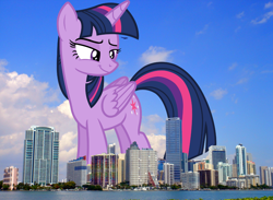 Size: 2048x1501 | Tagged: safe, artist:davidsfire, artist:thegiantponyfan, imported from derpibooru, twilight sparkle, alicorn, pony, female, florida, folded wings, giant alicorn, giant pony, giantess, highrise ponies, irl, macro, mare, mega giant, mega twilight sparkle, miami, photo, ponies in real life, smiling, smirk, story included, twilight sparkle (alicorn), twizilla, wings