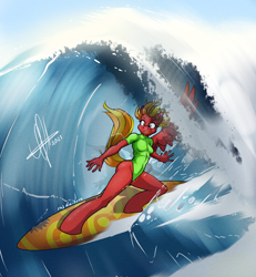 Size: 920x994 | Tagged: safe, artist:zcomic, imported from derpibooru, oc, oc only, oc:shark puncher, oc:shark-puncher, oc:sharkpuncher, anthro, pegasus, unguligrade anthro, beach, breasts, clothes, digital art, female, niclove, ocean, one-piece swimsuit, rule 63, solo, spread wings, surfboard, surfing, swimsuit, tail, thighs, water, wave, wings