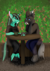 Size: 3023x4299 | Tagged: safe, artist:ginnythequeen, imported from derpibooru, oc, oc:404, oc:ginny, alicorn, anthro, changeling, 40nny, blushing, cup, love, table