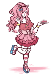 Size: 963x1380 | Tagged: safe, artist:hana-pong, imported from derpibooru, pinkie pie, human, cake, clothes, dress, eared humanization, eyes closed, female, food, fork, humanized, smiling, socks, solo