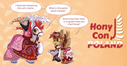 Size: 3600x1884 | Tagged: safe, artist:julunis14, artist:kikirdcz, imported from derpibooru, oc, oc:poffertje, oc:stroopwafeltje, pegasus, pony, unicorn, april fools, april fools 2022, april fools joke, clothes, duo, halter, lajkonik, pierogi, poland, ponycon holland, tack