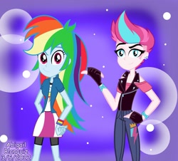 Size: 1912x1725 | Tagged: safe, artist:kova360, imported from derpibooru, rainbow dash, zipp storm, equestria girls, bracelet, clothes, cutie mark on clothes, duo, ear piercing, earring, eqg promo pose set, equestria girls-ified, fingerless gloves, g4, g5, g5 to equestria girls, g5 to g4, gloves, hand on hip, jewelry, leather vest, looking at you, piercing, vest