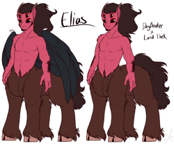 Size: 2300x1900 | Tagged: safe, artist:purplegrim40, imported from derpibooru, oc, oc only, oc:elias, centaur, taur, cloven hooves, duo, interspecies offspring, male, multiple eyes, offspring, parent:daybreaker, parent:tirek, simple background, white background, wings