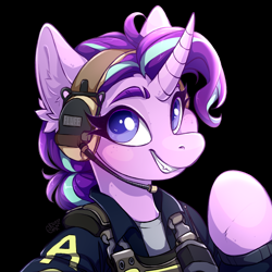 Size: 3000x3000 | Tagged: safe, artist:rico_chan, imported from derpibooru, starlight glimmer, pony, unicorn, black background, bust, clothes, collaboration, collaboration:choose your starlight, cosplay, costume, counter-strike: global offensive, crossover, ear fluff, headset, portrait, simple background, sketch, smiling, solo