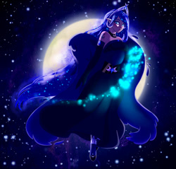 Size: 1024x978 | Tagged: safe, artist:stormcloud-yt, imported from derpibooru, princess luna, human, clothes, female, flying, full body, gloves, humanized, long gloves, lunan, moon, night, outdoors, solo, winged humanization, wings