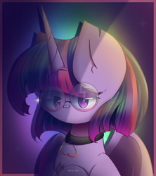 Size: 2000x2250 | Tagged: safe, artist:miryelis, imported from derpibooru, twilight sparkle, alicorn, pony, choker, cute, glasses, heart, horn, looking at you, rainbow, short hair, simple background, smiling, smiling at you, solo, twilight sparkle (alicorn), wings