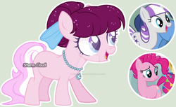 Size: 1024x625 | Tagged: safe, artist:stormcloud-yt, imported from derpibooru, pinkie pie, twilight velvet, oc, earth pony, pony, unicorn, crack ship offspring, deviantart watermark, eyelashes, female, filly, foal, magical lesbian spawn, mare, obtrusive watermark, offspring, parent:pinkie pie, parent:twilight velvet, screencap reference, simple background, smiling, watermark