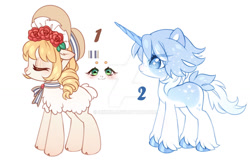 Size: 1024x663 | Tagged: safe, artist:miioko, imported from derpibooru, oc, oc only, pony, unicorn, deviantart watermark, duo, eyes closed, hat, horn, obtrusive watermark, simple background, sun hat, unicorn oc, unshorn fetlocks, watermark, white background
