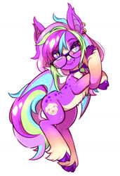 Size: 1024x1499 | Tagged: safe, artist:miioko, imported from derpibooru, oc, oc only, bat pony, pony, bat pony oc, bat wings, choker, cloven hooves, ear piercing, earring, female, glasses, jewelry, mare, piercing, simple background, smiling, solo, white background, wings