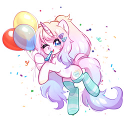 Size: 1024x1007 | Tagged: safe, artist:miioko, imported from derpibooru, oc, oc only, pony, unicorn, balloon, clothes, female, mare, one eye closed, party horn, simple background, socks, solo, striped socks, white background, wink