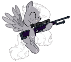 Size: 1066x920 | Tagged: safe, artist:toffeelavender, imported from derpibooru, oc, oc only, pegasus, pony, base used, eyelashes, eyes closed, female, flying, freckles, gun, jewelry, mare, necklace, pegasus oc, rifle, simple background, smiling, solo, transparent background, weapon