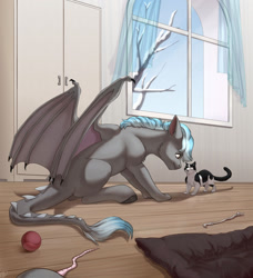 Size: 1280x1403 | Tagged: safe, artist:tigra0118, imported from derpibooru, oc, oc only, oc:chain lightning, cat, ball, commission, digital art, pet, pony dragon hybrid, room, solo, tree, window, ych result