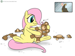 Size: 1362x1028 | Tagged: safe, artist:doublewbrothers, imported from derpibooru, screencap, fluttershy, harry, bear, pegasus, pony, lesson zero, destroyed, female, filly, filly fluttershy, foal, plushie, ripping, simple background, teddy bear, troubling unchildlike behavior, white background, younger