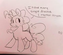 Size: 2048x1768 | Tagged: safe, artist:swirlseypop, imported from derpibooru, pinkie pie, earth pony, pony, chest fluff, dialogue, sketch, smiling, solo, traditional art