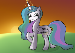 Size: 2970x2100 | Tagged: safe, artist:candy meow, imported from derpibooru, princess celestia, alicorn, pony, :p, happy, high res, magic, raising the sun, solo, sun, sunrise, tongue out