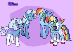 Size: 3239x2298 | Tagged: safe, artist:seasemissary, imported from derpibooru, rainbow dash, trixie, pegasus, pony, unicorn, alternate design, lidded eyes, looking at you, smiling, spread wings, wings