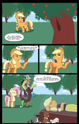 Size: 2864x4500 | Tagged: safe, artist:chedx, imported from derpibooru, applejack, discord, fluttershy, winona, dog, draconequus, earth pony, pegasus, pony, raccoon, apple, april fools, april fools joke, clothes, comic, crying, dress, eyebrows, eyebrows visible through hair, eyes closed, female, fluttershy is not amused, food, frown, high res, lying down, male, mare, on back, open mouth, open smile, smiling, snow white, tears of joy, unamused