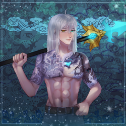 Size: 2000x2000 | Tagged: safe, artist:keiq79, imported from derpibooru, oc, oc only, oc:king ao, changeling, dragon, human, abs, abstract background, belt, chinese dragon, clothes, cloud, half naked, heterochromia, humanized, looking at you, male, muscles, pants, partial nudity, samurai, solo, spear, tattoo, topless, warrior, wave, weapon, yakuza