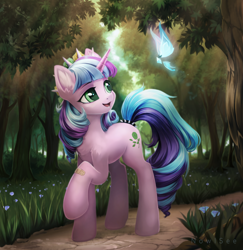 Size: 2430x2500 | Tagged: safe, artist:inowiseei, imported from derpibooru, oc, oc:ivy lush, butterfly, pony, unicorn, bandaid, chest fluff, commission, ear fluff, female, flower, forest, green eyes, high res, horn, mare, path, pink coat, scenery, solo, spread wings, tail, tree, two toned mane, two toned tail, unicorn oc, walking, wings